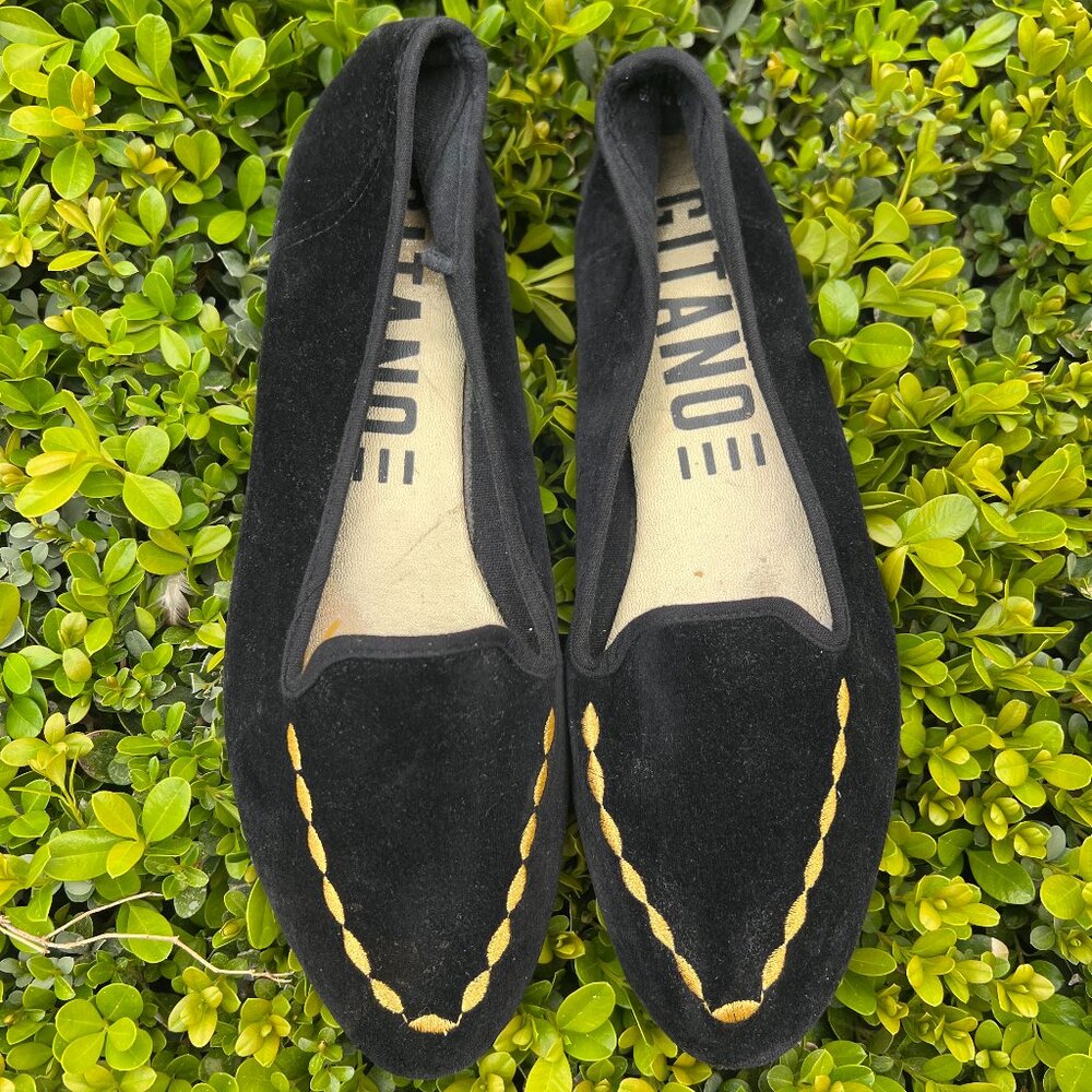 80's Gitano Black & Gold Velvet Flats - Size 9